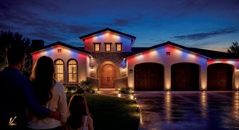 Postcard front: a stucco home at dusk with its permanent lights running red, white and blue for the 4th of July.