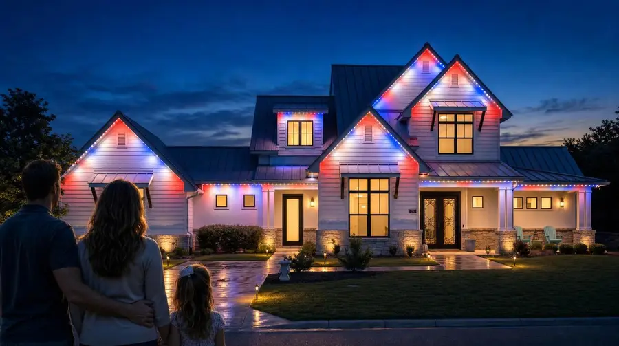 Red white and blue permanent lighting design