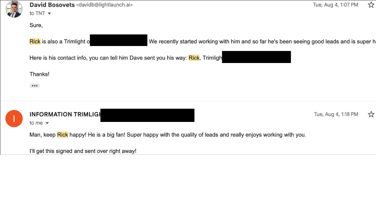 Email thread between lighting companies talking about Light Launch, ending with I will get this signed and sent over right away
