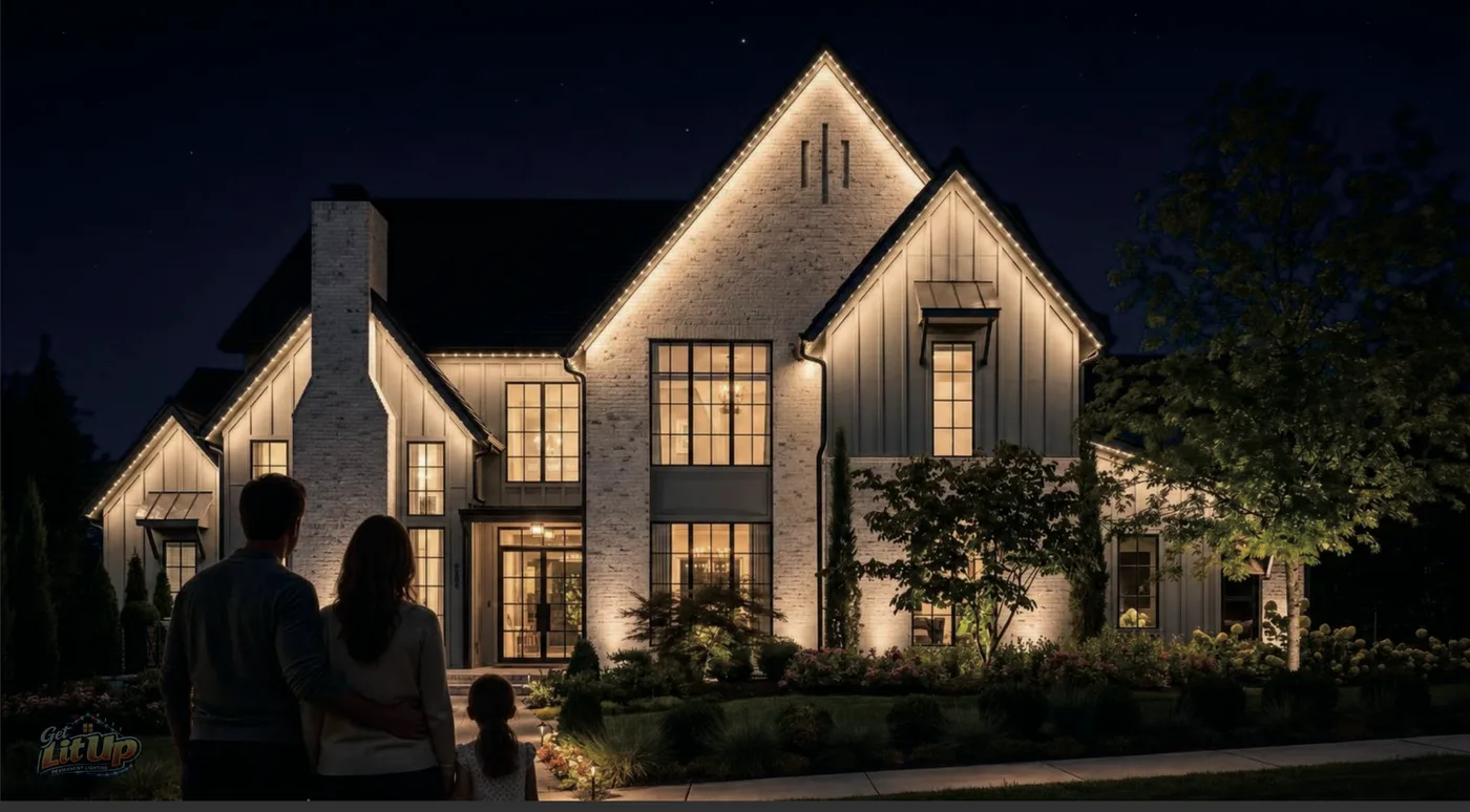 The exact same white farmhouse at night with permanent warm-white lighting installed along every roofline — the AI render printed on the postcard