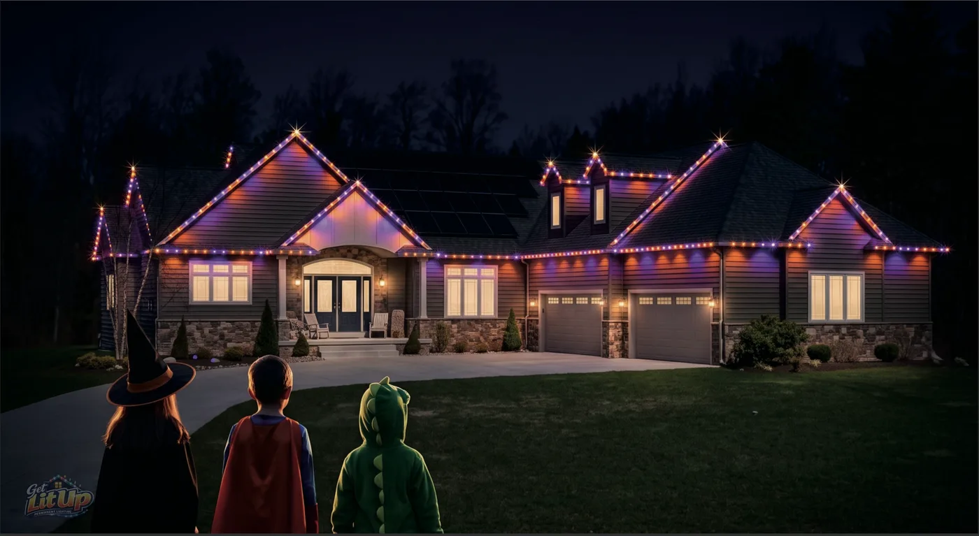 Home rendered with purple and orange permanent lighting for Halloween, kids in costumes out front