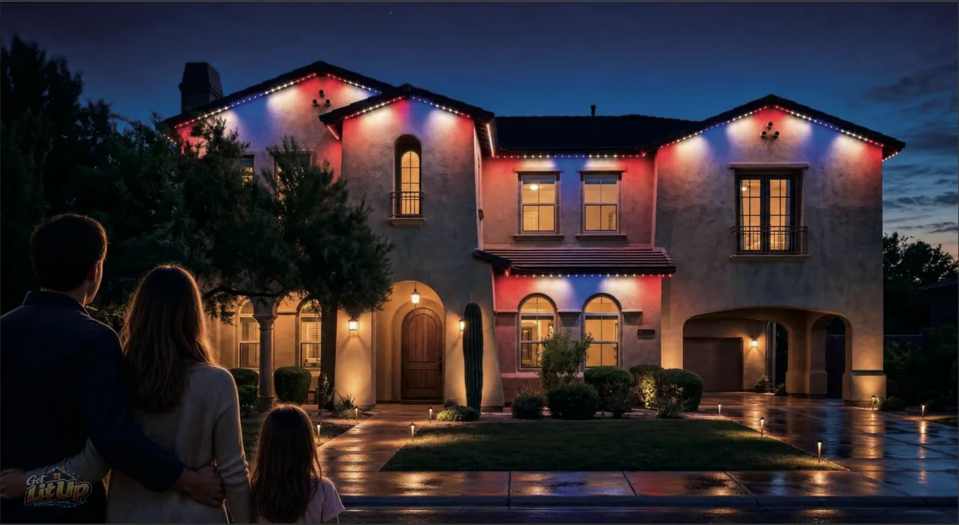 Stucco home rendered with red, white and blue permanent lighting for July 4th, family watching from the driveway